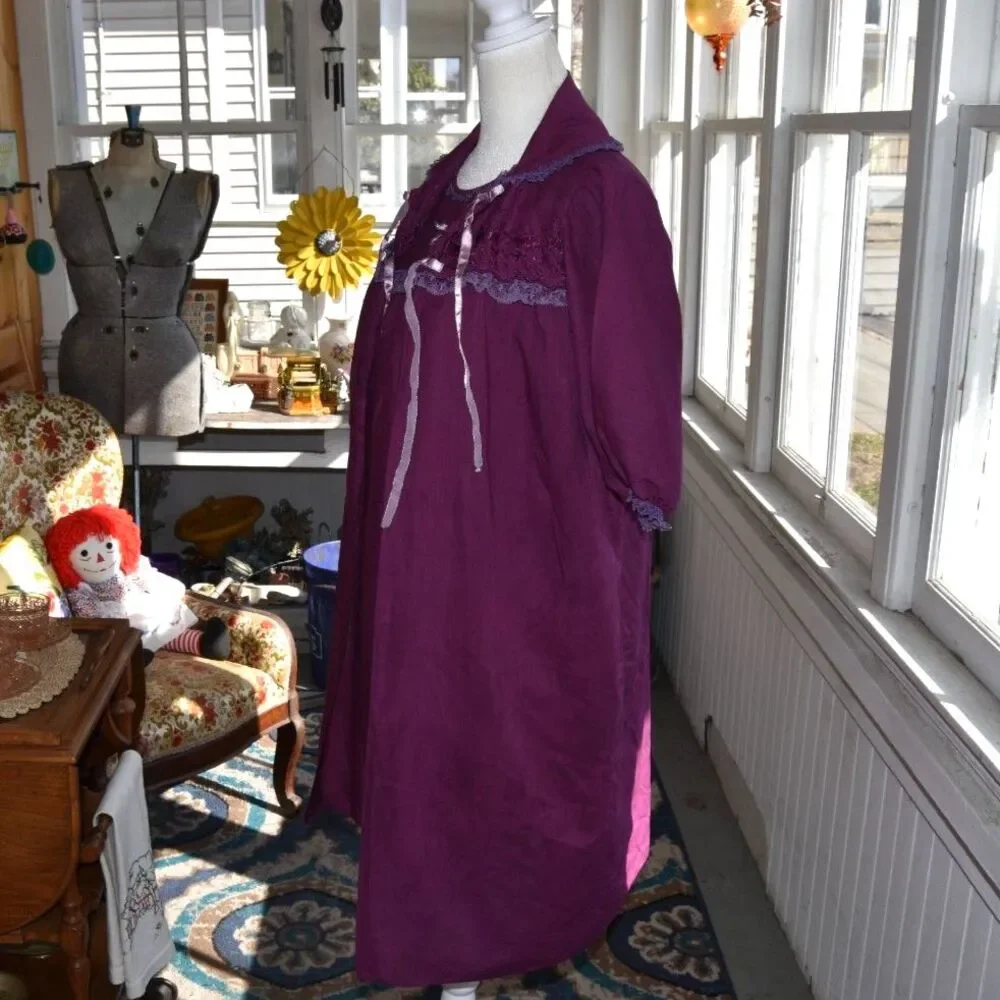 Vintage 40s 50s Sheer Plum Peignoir Set Lace Ribbon Mid Century Loungewear Med